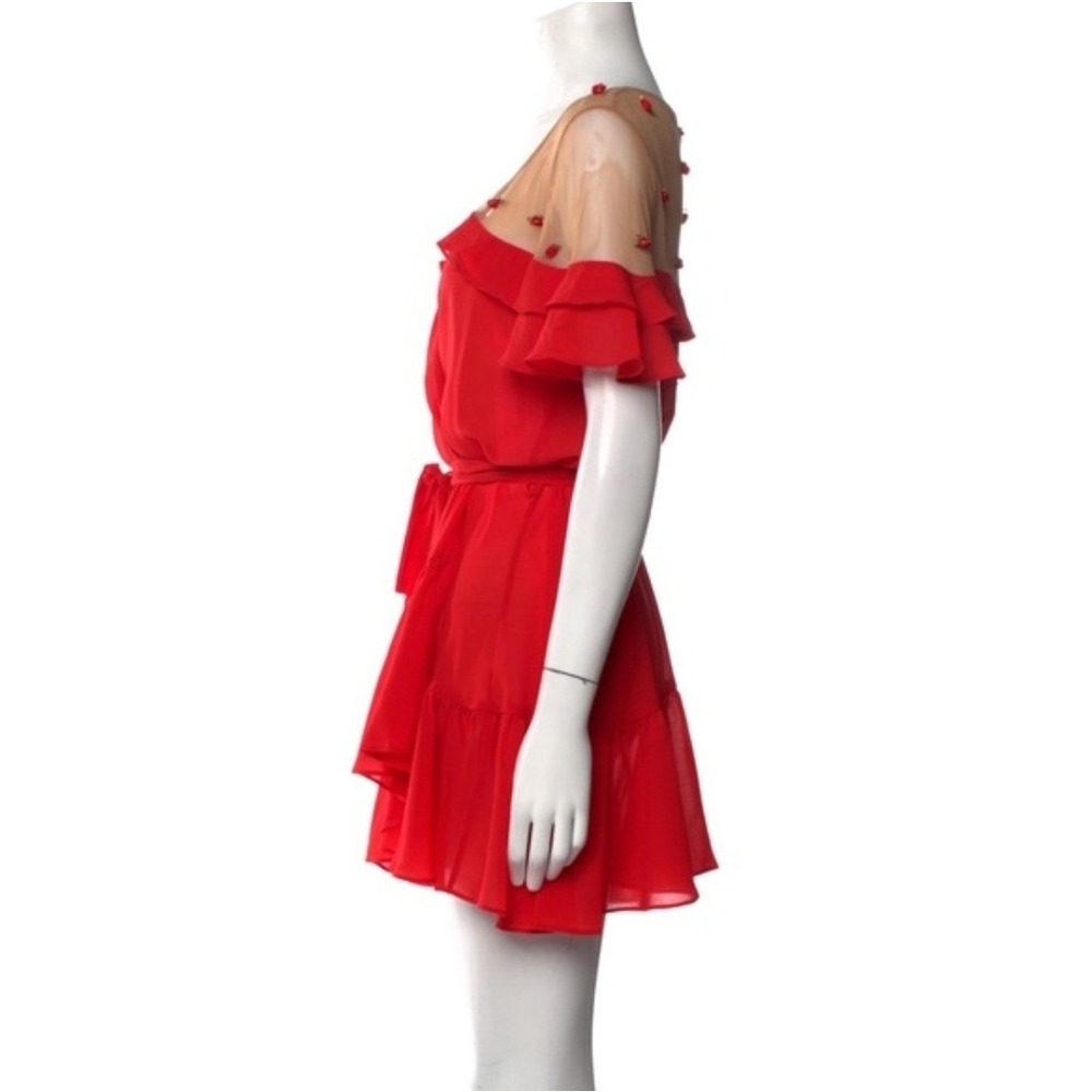 For Love & Lemons Red Rosette Mini Wrap Dress Sheer Mesh Ruffle Floral xs LOVELY